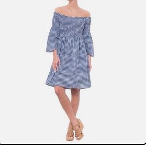 Cupio Mini Dress Women's Gingham Smocked Off-The-Shoulder Blue White Size Large
